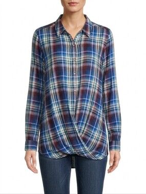 C Est 1946 Tunic Top 18/20W Blue Plaid Crossover Hem Pullover Roll Tab Sleeve
